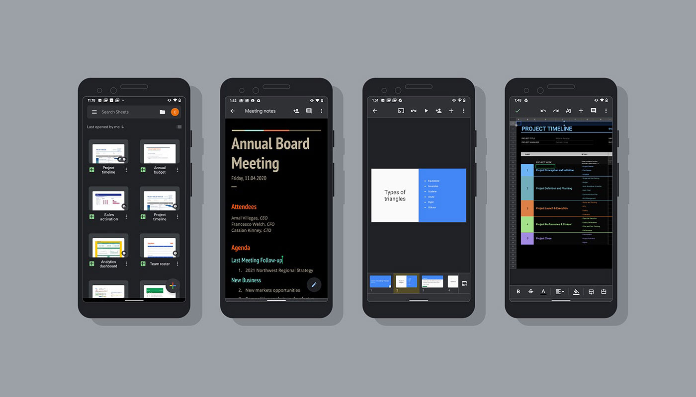 Google Docs, Sheets සහ Slides යන Android apps සඳහා dark theme එක ලබාදීමට කටයුතු කරයි