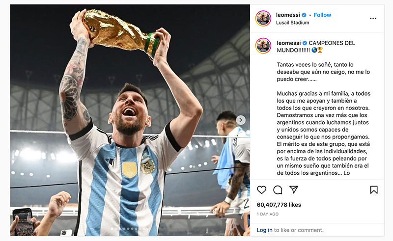 Instagram හි වැඩිම Likes ප්‍රමාණයක් හිමිකර ගනිමින් ලෝක වාර්ථාවක් තැබීමට Lionel Messi සමත් වෙ​යි