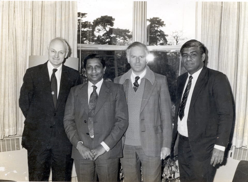During visit of Vice Chanceelor, University of Colombo to the University of Reading May 1980. From Left to Right: Prof. Evan Page , Vice Chancellor University of Reading, Late Prof. Stanley Wijesundera, Vice Chancellor, University of Colombo, Prof. Robert Curnow, Head, Dept of Applied Statistics, University of Reading and Prof. V. K. Samaranayake, Professor of Mathematics, University of Colomb